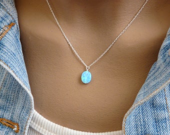Wire wrapped Opal necklace, Blue opal charm, White opal necklace, Opal jewelry, October birthstone, Sterling silver, Opal jewellery