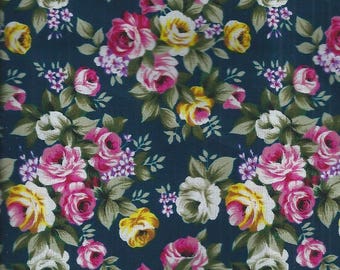 Cotton fabric with yellow, pink and ecru roses - 150x50 cm