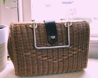 Vintage Woven Basket Bag with Leather Strap