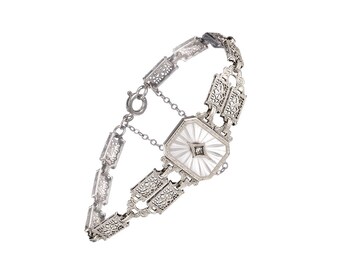 Art Deco 10k filigree bracelet with diamond & camphor glass