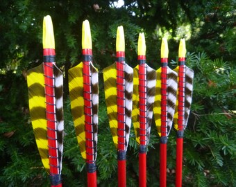 Fire Red archery arrows / 55-60lb spine weight / half dozen (6 arrow) set / Traditional wood archery arrows