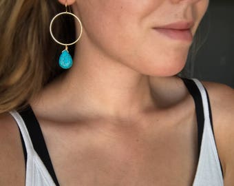 Gold hoop gemstone earrings, Turquoise drop earrings, Turquoise earrings, Gold hoop earrings, Blue earrings, December birthstone jewelry