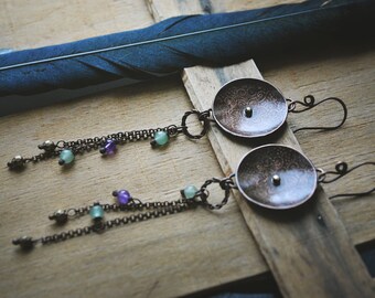 Etched copper earrings, Rustic earrings, Copper metal smith earrings, Flower pattern earrings, Ethnic earrings, Long Earrings, Jade Amethyst