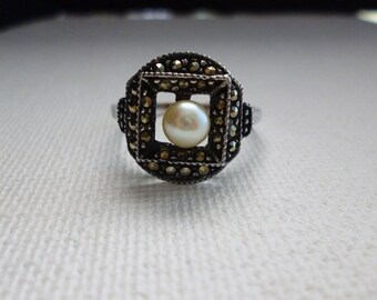 Sterling Silver Marcasite Pearl Ring