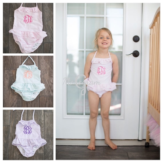 Girls Monogrammed Swimsuit Seersucker Ruffled Baby Swimsuit