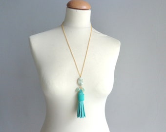 Mint green white polka dot Tassel long necklace