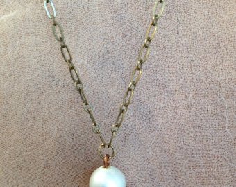 Vintage Pale Green Glass Pearl and Antiqued Brass Necklace