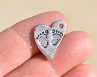 5 Heart Silver Tone Charms with Two Little Footprints SC2065