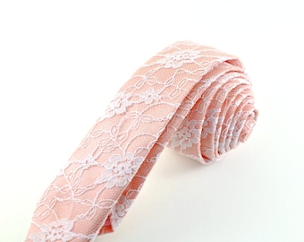 Blush Wedding Tie, Custom Groom's Tie, Romantic Bridal Tie, Blush Pink Lace Necktie, Light Peach Skinny Tie, Summer Wedding Accessory