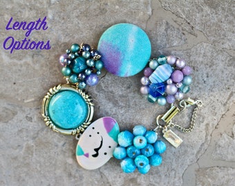 Vintage Earring Bracelet, Charm Bracelet, Bridesmaid gift for her, Turquoise Lilac Lavender Aqua, Silver, Jennifer Jones OOAK - Blue Horizon