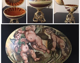 Vintage Decorated Actual EGG TRINKET BOX Hand-Made & Painted w Cherubs/Putti Velvet Lined, Jewelry Box, Faberge Style Eggery Egglery Egg Art