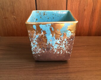 Midcentury Splatter Glaze Turquoise Gold Brown Planter
