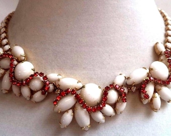 Stunning And Unusual Milk Glass And Red Rhinestone Necklace ~ Beautiful Vintage Jewelry