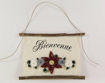 Bienvenue, French Welcome, Paper Quilled Welcome Sign, 3D Quilled Banner, Red Grey White Decor, French Gift, Rustic Art, French Sign