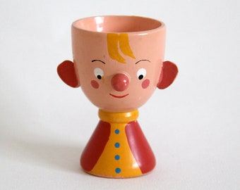 Vintage hand-painted wooden egg cup in cute boy character, possibly Sevi, 1960s