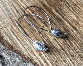 Sterling Silver seed pod drop earrings, large pod earrings, flower earrings, botanical earrings, handmade earrings