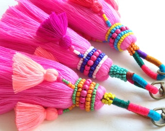 Luxury beaded Thai tassel in BRIGHT PINK, ONE large beaded tassel with mini tassels and clip for bags, accessories, ethnic beaded tassel