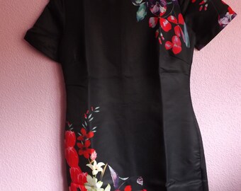 DELICATE VINTAGE DRESS , Black Dress, Asian Dress, Oriental Dress, Silk Dress, Floral Dress, Wedding Dress, Soft Dress, Red, Floral