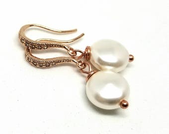 Handmade Bridal Rose Gold Swarovski Coin Pearl and Rhinestone Earrings | Wedding Pearl Earrings | Bridal Rhinestone Earrings | Gift