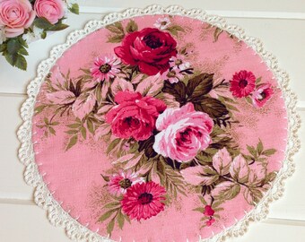 pretty vintage pink roses barkcloth doily