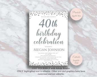 Editable Birthday Party Invitation, Adult Birthday Party Invitation Template, 21th 30th 40th 50th 60th 70th 80th Silver Birthday invite s5bd