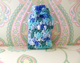 Crochet Soap Saver Bag, Soap Sack, Massaging Soap Saver, Crochet Soap Pouch in Turquoise and White - 100% Cotton - Ready to Ship
