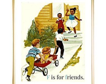 F is for Friends Nursery Art, PRINTABLE ART, African American Print, Vintage Print, Nursery Wall Decor