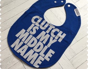 Funny Saying Baby Bib, Clutch Is My Middle Name Recycled T-Shirt Baby Bib, New Baby Gift, Baby Shower Gift, Baby Boy Gift