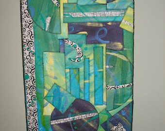 Thunderstorm in Redlands, Art, Art Quilt, Wall Hanging, Collage, Acrylics, Hand-Painted, Quilt, Abstract, Painted Canvas, Modern
