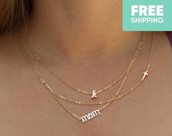 Personalized necklace / Cursive Tiny Initial necklace / Mom Necklace / Set of 3 necklace / Tiny Small Sideways Cross // Gold layering set