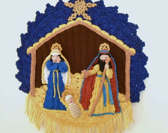 crochet nativity wall hanging, crochet wall art, home decor, Mary, Joseph, baby Jesus, housewarming gift, fiber art, Christmas nativity