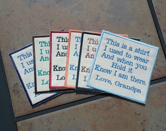 Memory Shirt Pillow PATCH, ONE Embroidery Memory pillow patch, You Pick the "2 Colors"threads for your patch