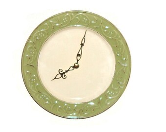 Sage Antiqued Floral Wall Clock - Ceramic Plate Clock - Kitchen Clock - Unique Wall Clock - Wall Decor - 1432