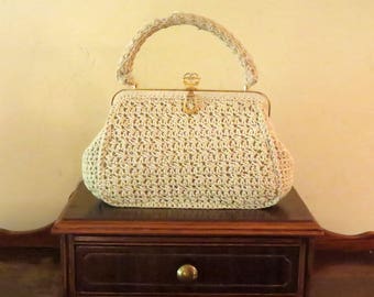 Dads Grads Sale Vintage White Crochet Handbag With Gold Toned Hardware- Made In Italy-VGC