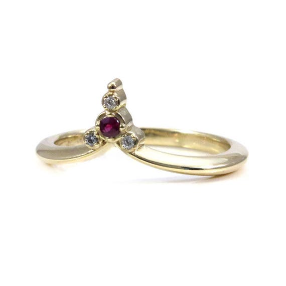 Ruby and Diamond Pointed Cluster Ring - 14k Gold Stacking Boho Wedding Band
