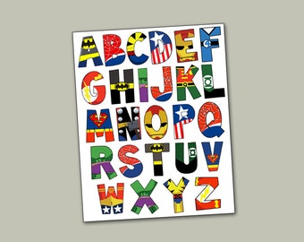 Superhero Alphabet poster 16x20 and letter pack- Digital File