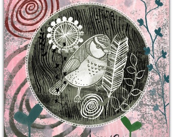 Hand-cut 'Mon Petit Oiseau' card 15cm x 15cm with envelope.