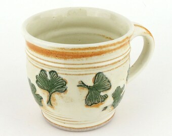 Stoneware Mug - 14 oz. Mug - Coffee Cup - Latte Mug - Tea Cup - Creamy White Mug with Ginkgo Leaf design