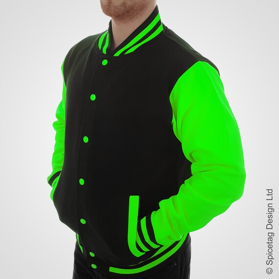 Neon Green & Black Varsity Jacket Noir College Letterman Coat