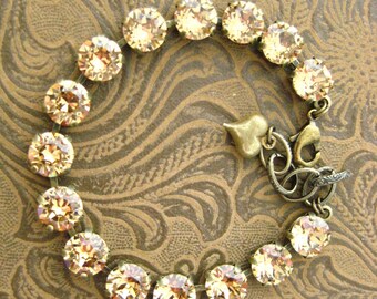 Swarovski Crystal Bracelet - Lt. Colorado Topaz Rhinestone Tennis Bracelet, Big Stone Looks, Rhinestone Bracelet Ant. Brass, Great Gifts