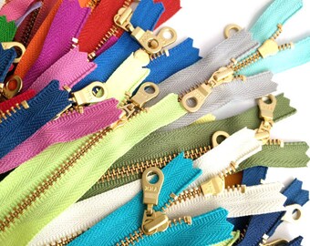 YKK Golden Brass Metal Zipper with Donut Pull (locking). 20cm/8", 25cm/10", 30cm/12" Closed-Ended. 50 Colours. Aussie Seller. Fast Post