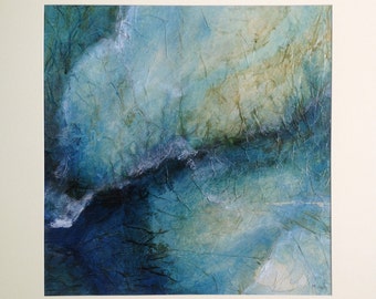 Abstract painting in blue and green. Ink, pigments and collage on canvas, original painting, abstract art