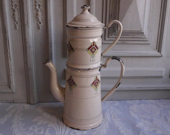 Art Deco enamel cafetiere, Nordic decor, coffee pot French vintage 1930's enamel jug Biggin hand painted gold antique country kitchen