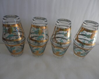 Vintage Turquoise 22kt Gold Trojan Horse On the Rocks Glasses by Fred Press, Fred Press, Trojan Horse, Fred Press Trojan Horse, 22kt Barware