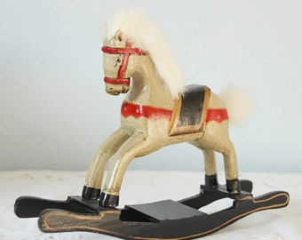 Vintage Small Wooden Rocking Horse, Hand Carved and Hand Painted