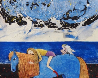 Giklee, Art prins,ART Marbling, mystically, Watercolor, Gif, Valley of Indifference, water messagge, painting on water, ebru, horse, valey