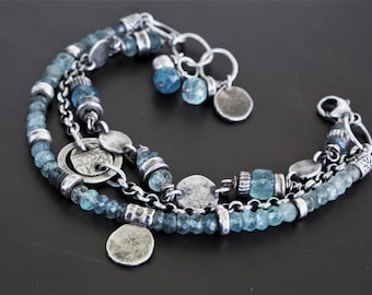 Sterling silver gemstone bracelet, moss aquamarine bracelet, multi strand bracelet, oxidized sterling silver bracelet, boho bracelet