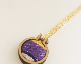 Embroidered necklace – purple, yellow and blue – mini embroidery hoop necklace – hand embroidered jewelry – embroidered pendant