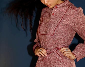 VINTAGE 1970s Maroon Autumn Floral Prairie Folk Shirt Dress | Poet Sleeve Midi | Bohemian Gunne Sax Style Dress | Floral Victorian Dress