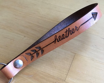 Name Arrow Wristlet Leather Keychain Personalized Keychain Custom Name Key Wristlet Your Name or Word Key Lanyard Love That Leather